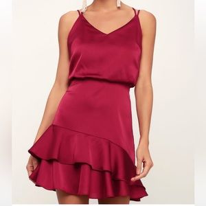 Lulu’s Fuchsia Satin Ruffle Dress, Size S